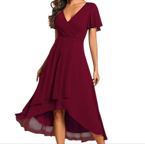 Ever Pretty Dresses & Skirts - Ever Pretty Burgundy Chiffon Midi Dress US 8 V-Neck Ruffle Sleeves Size L NWT